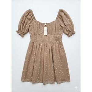 NEW Abercrombie & Fitch M P Puff Sleeve Mini Dress Tan White Polka Dot Preppy